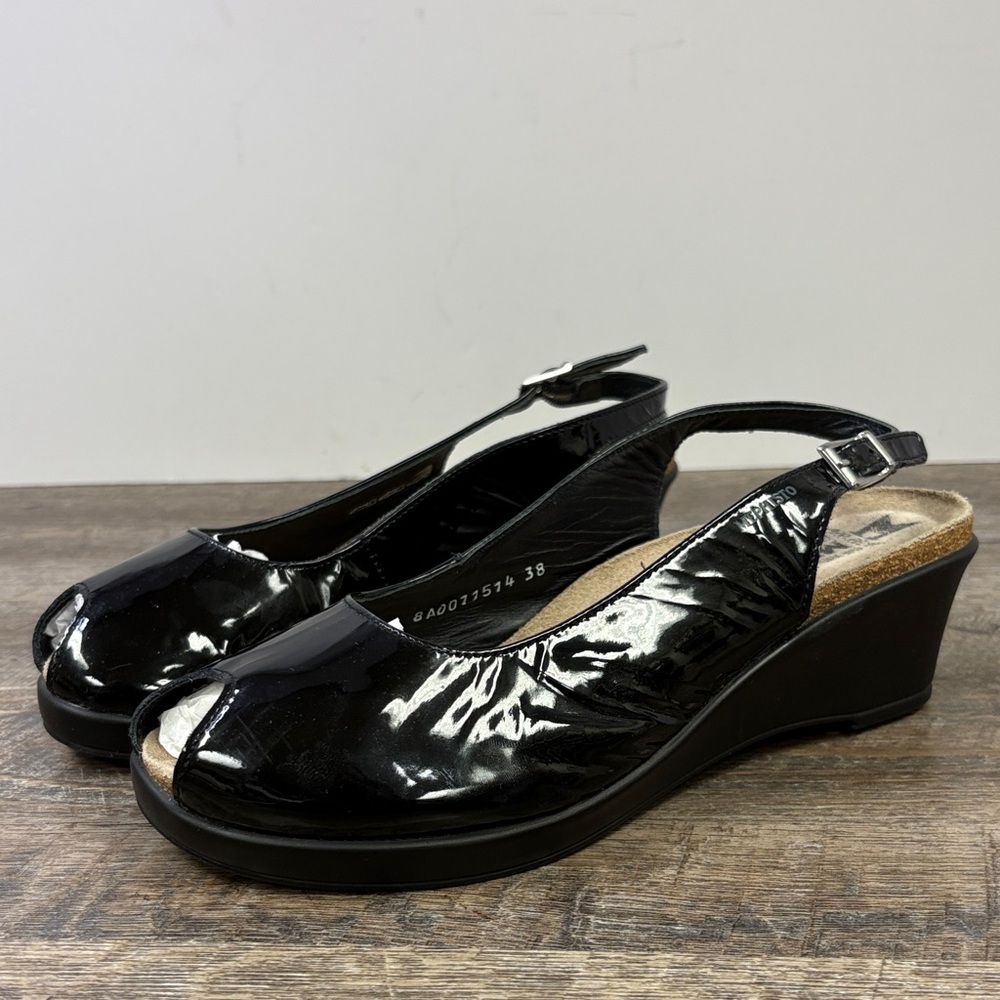 Mephisto Black Patent Leather Slingback Wedge Sandals 38 / 8